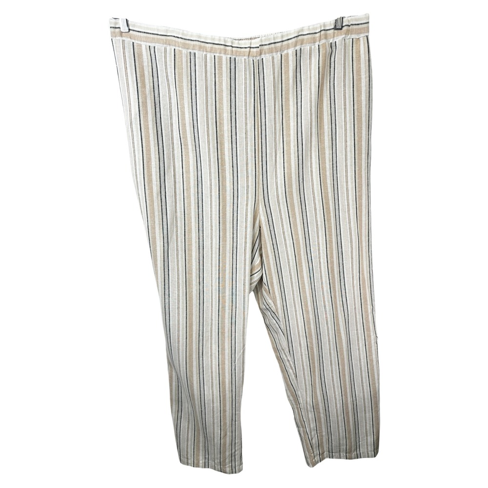 Woman Within Plus Size 28W Linen‎ Pants Striped Elastic Waist Pull On Tan 1710